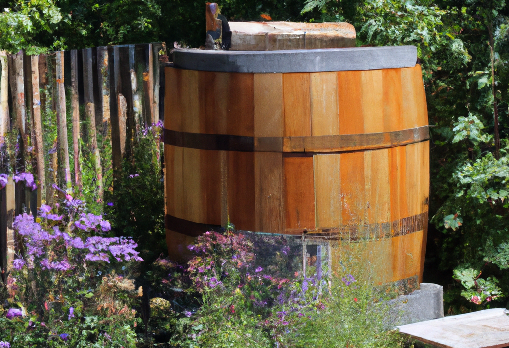 Cuve d'eau de pluie design et en bois dans un jardin